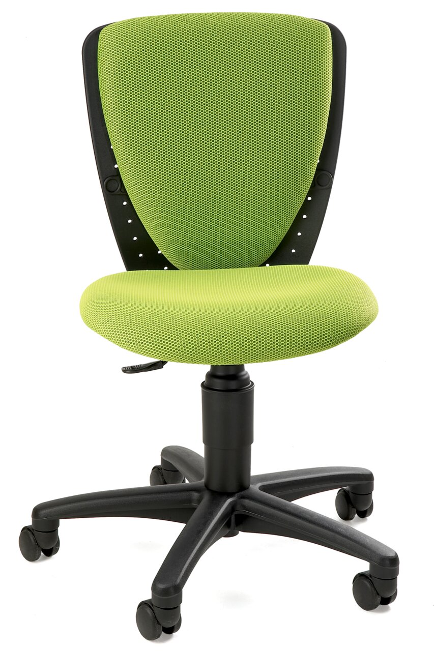 Grüner Kinder- und Jugendstuhl mit Netzrückenlehne und Rollen, seitliche Perspektive