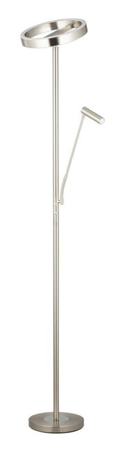 Moderne LED-plafondlamp van metaal, gezien vanaf de zijkant, met extra leeslampje.