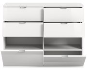 Weiße Kommode mit sechs Schubladen, teilweise geöffnet, aus frontaler Perspektive.