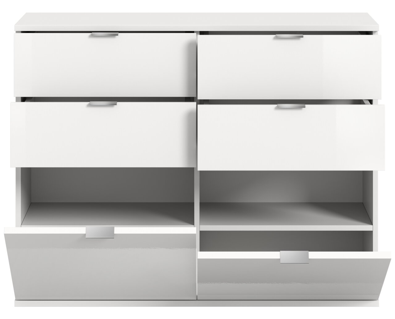 Weiße Kommode mit sechs Schubladen, teilweise geöffnet, aus frontaler Perspektive.