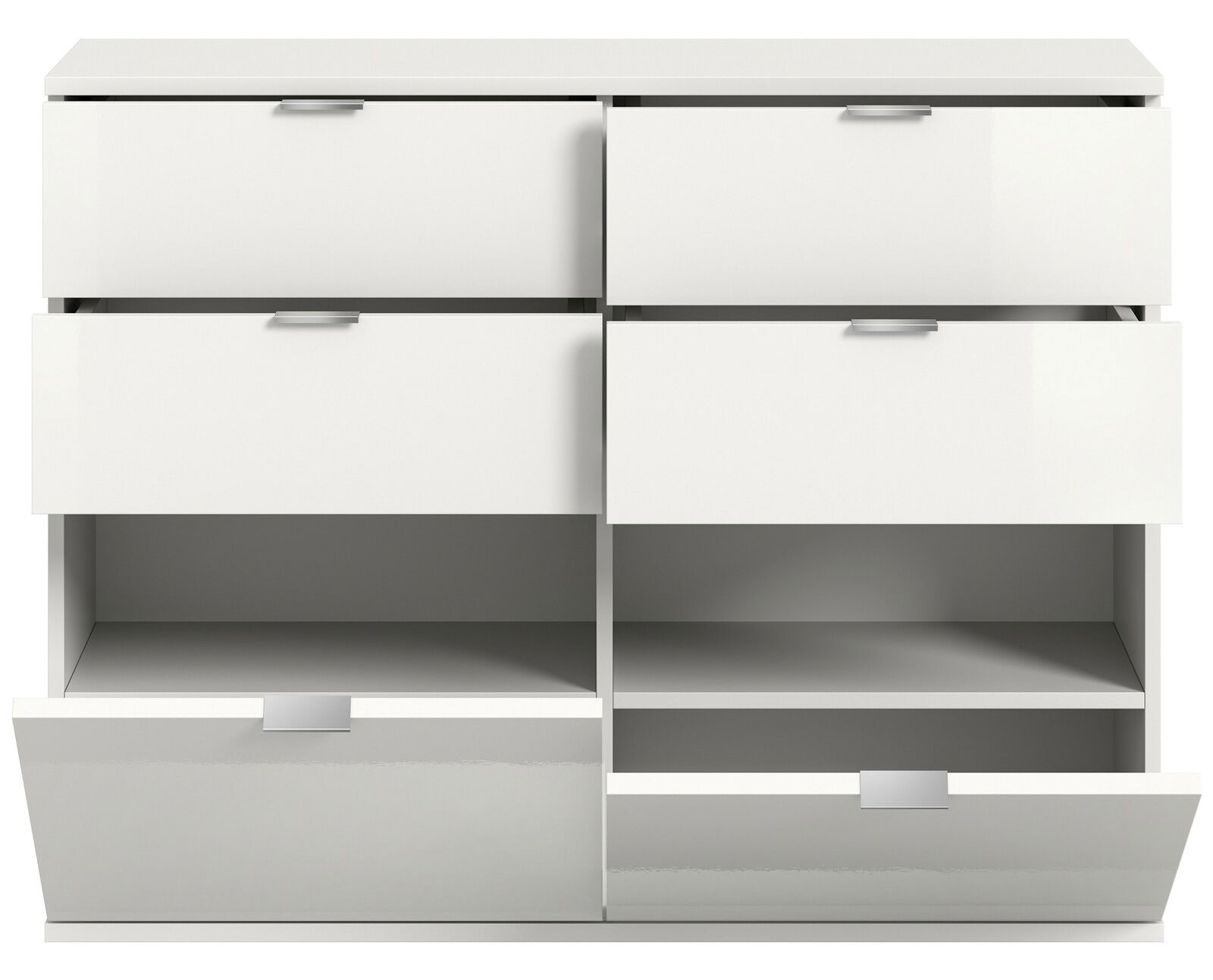 Weiße Kommode mit sechs Schubladen, teilweise geöffnet, aus frontaler Perspektive.