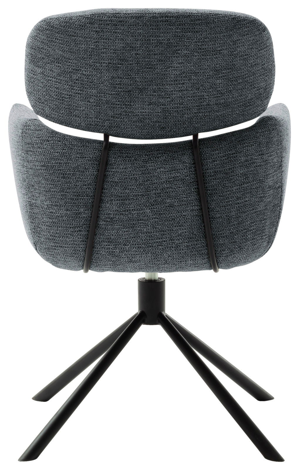 Rückansicht eines grauen Sessels mit schwarzem Metallgestell und vier Beinen.