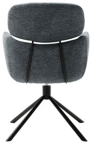 Rückansicht eines grauen Sessels mit schwarzem Metallgestell und vier Beinen.