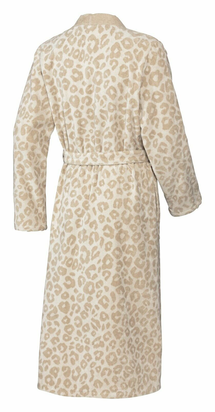 Rückansicht eines beige gemusterten Bademantels mit Leopardenmuster und Gürtel.
