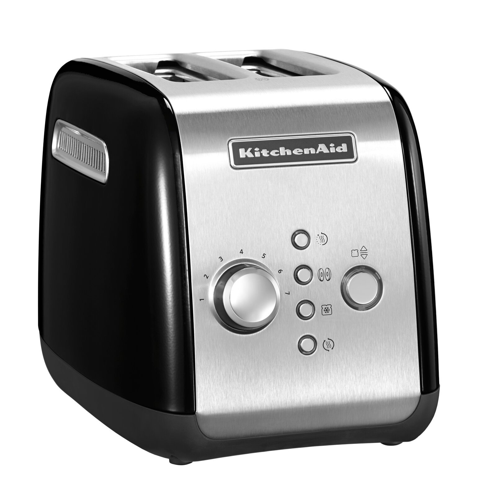 Schwarzer KitchenAid 2-Scheiben-Toaster in Onyx mit Edelstahlfront, seitliche Perspektive