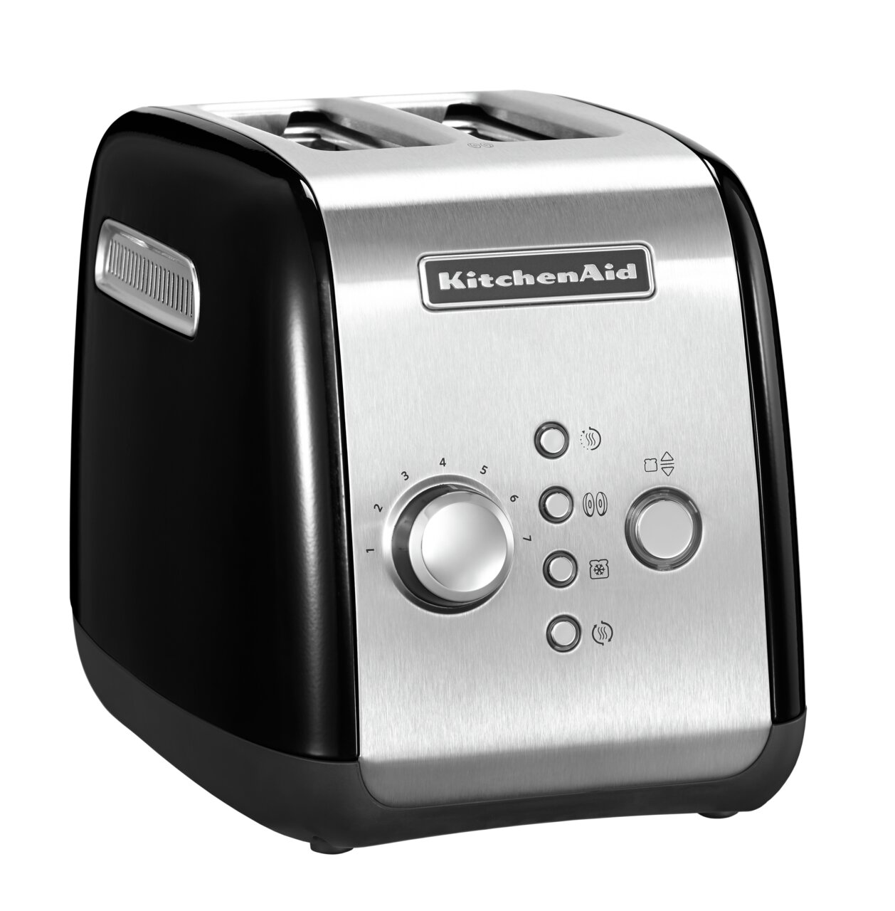 Schwarzer KitchenAid 2-Scheiben-Toaster in Onyx mit Edelstahlfront, seitliche Perspektive