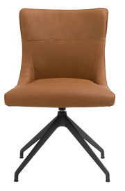 Moderner brauner Stuhl mit schwarzem Metallgestell, Frontalansicht