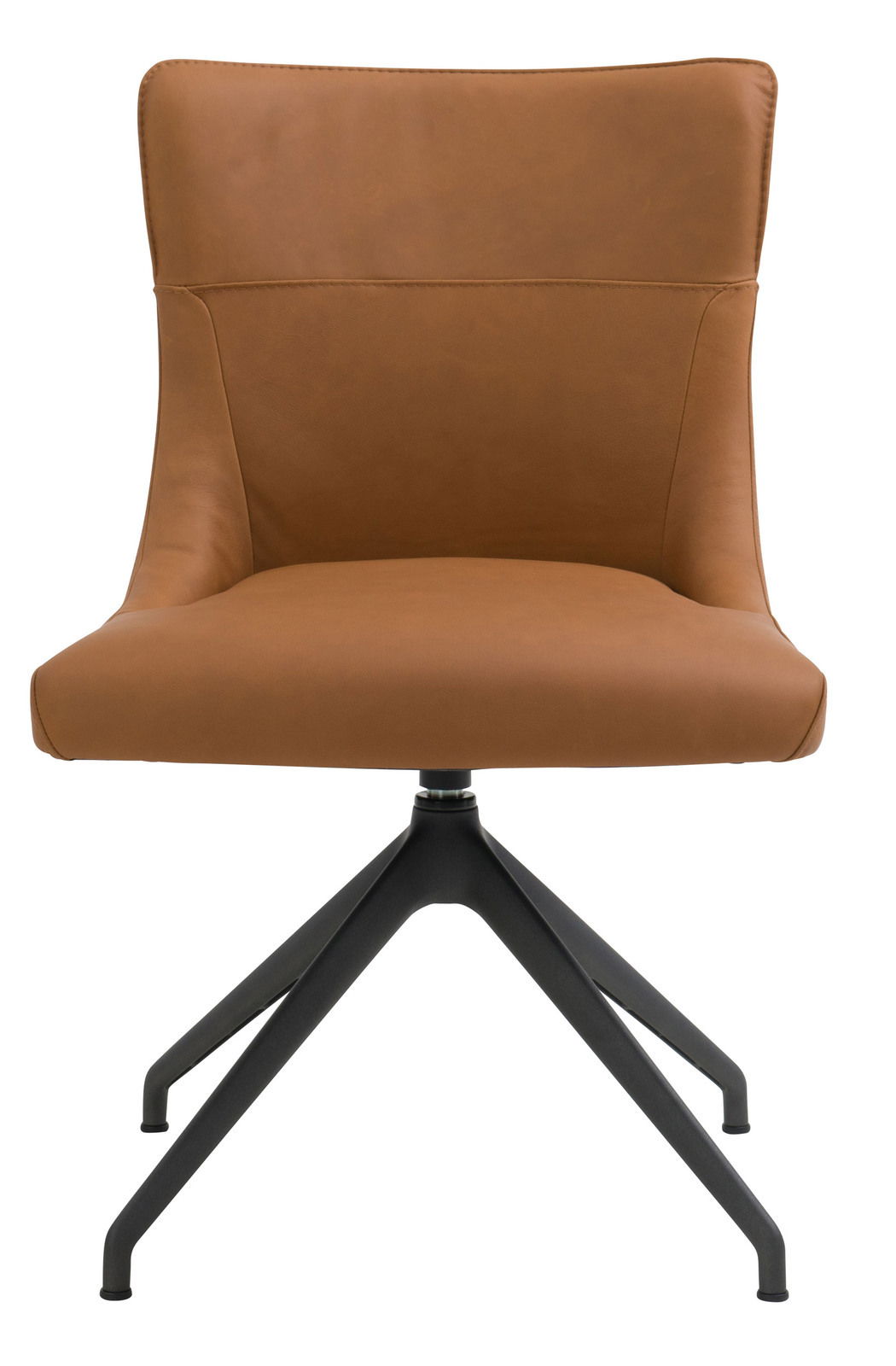Moderner brauner Stuhl mit schwarzem Metallgestell, Frontalansicht