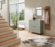 Moderner Eingangsbereich mit grünem Hängeschrank, Spiegel und Garderobenpaneel aus Holz, seitliche Perspektive.