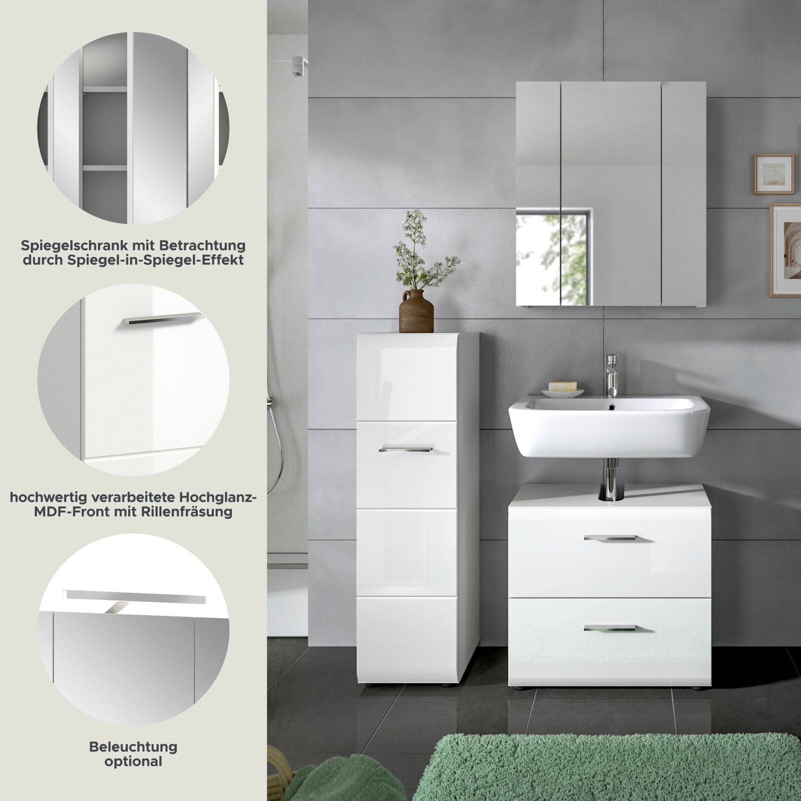 Modernes Badmöbel-Set in Weiß Hochglanz mit Waschtischunterschrank, Waschbecken und wandhängendem Spiegelschrank; Frontansicht im Badezimmer, Detailhinweise zu Spiegel-in-Spiegel-Effekt, MDF-Front mit Rillenfräsung und optionaler Beleuchtung.