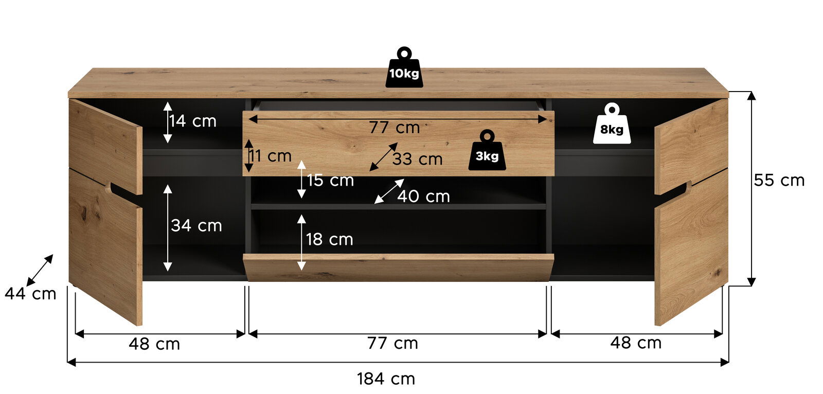 Holz-Sideboard in Eichenoptik mit geöffneten Türen und Schubladen, Maßangaben und Belastungsangaben eingeblendet, Frontansicht.