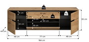 Holz-Sideboard in Eichenoptik mit geöffneten Türen und Schubladen, Maßangaben und Belastungsangaben eingeblendet, Frontansicht.