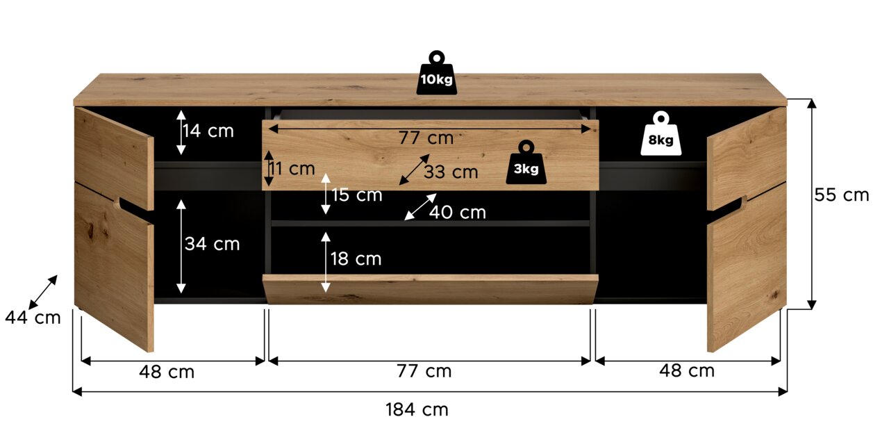 Holz-Sideboard in Eichenoptik mit geöffneten Türen und Schubladen, Maßangaben und Belastungsangaben eingeblendet, Frontansicht.