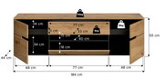 Holz-Sideboard in Eichenoptik mit geöffneten Türen und Schubladen, Maßangaben und Belastungsangaben eingeblendet, Frontansicht.