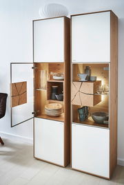 Vitrine Valnatura LAGO mit geöffneter Glastür, Holz- und Glaselementen, von links betrachtet.