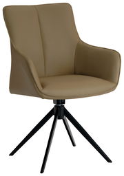 Moderner Armlehnstuhl in Beige mit schwarzem Metallgestell, seitliche Perspektive