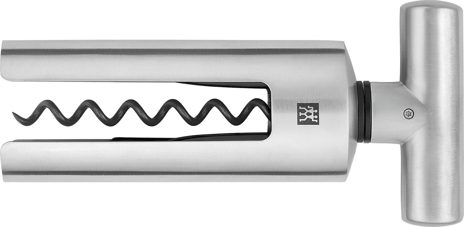 Korkenzieher aus Edelstahl, seitliche Ansicht, mit ergonomischem Griff und spiralförmiger Schraube.