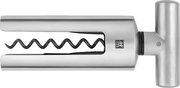 Korkenzieher aus Edelstahl, seitliche Ansicht, mit ergonomischem Griff und spiralförmiger Schraube.
