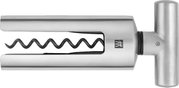 Korkenzieher aus Edelstahl, seitliche Ansicht, mit ergonomischem Griff und spiralförmiger Schraube.