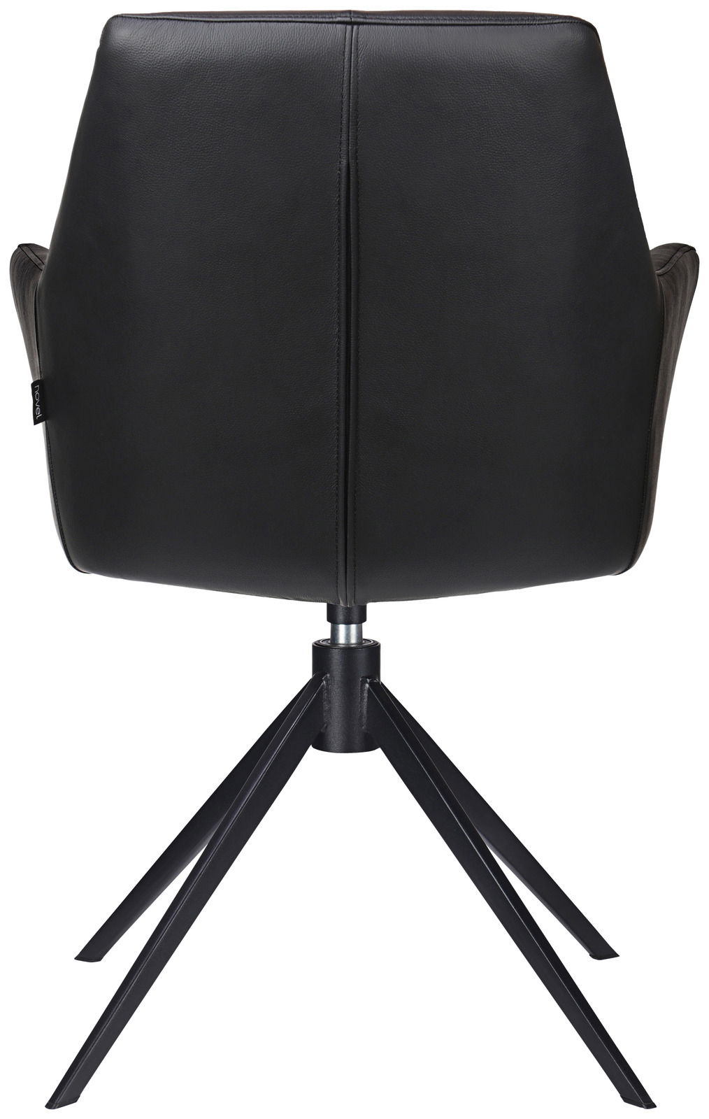 Rückansicht eines schwarzen Armlehnstuhls mit Metallbeinen