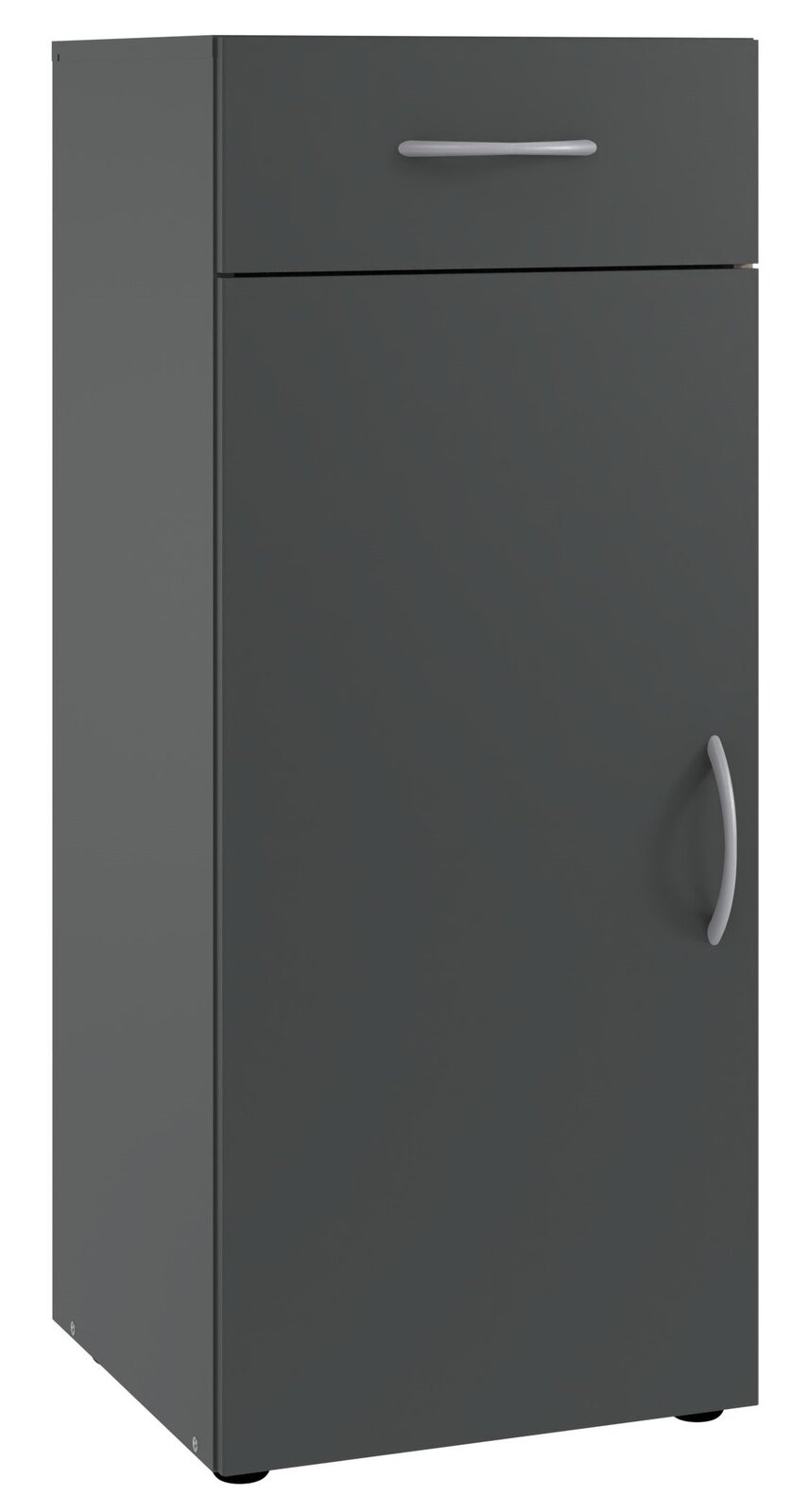 Graue Wäschekommode mit einer Schublade und einer Tür, seitliche Perspektive