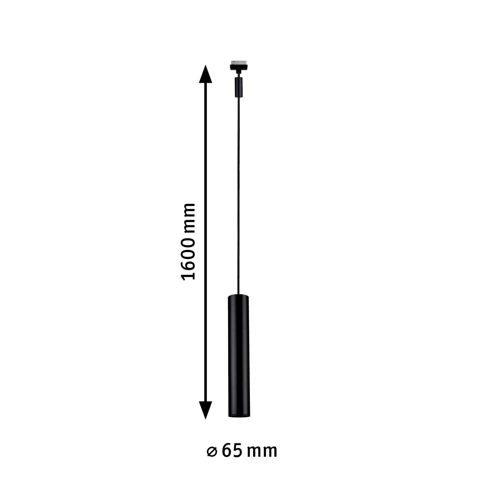 Zwart, cilindrisch railpendel met een lengte van 1600 mm en een diameter van 65 mm, gezien vanaf de zijkant.
