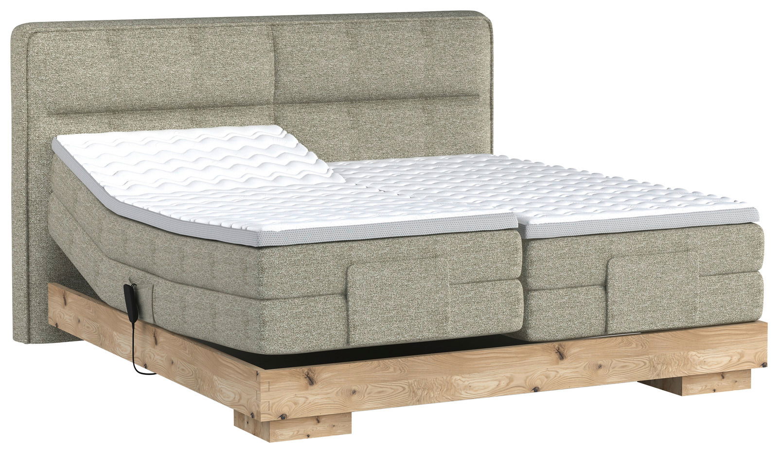 Boxspringbett mit verstellbarer Matratze und Holzrahmen, seitliche Perspektive