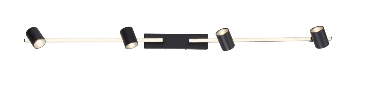 Moderne schwarze Wand- und Deckenleuchte mit vier verstellbaren Spots, seitliche Perspektive