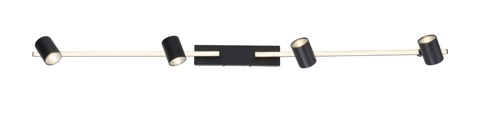 Moderne schwarze Wand- und Deckenleuchte mit vier verstellbaren Spots, seitliche Perspektive