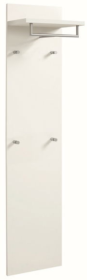 Weißes Paneel mit mehreren Haken und einer Ablage, seitliche Perspektive