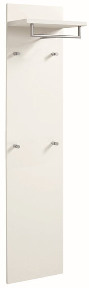 Weißes Paneel mit mehreren Haken und einer Ablage, seitliche Perspektive