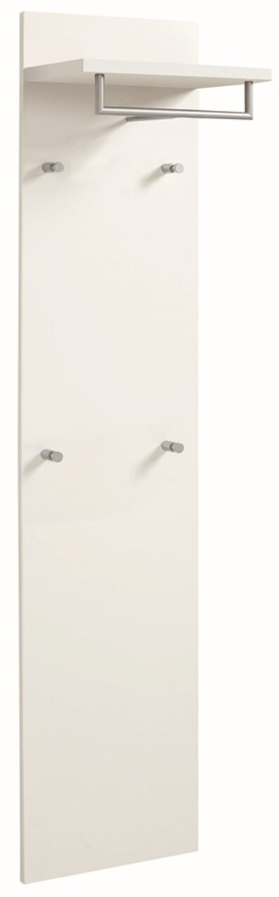 Weißes Paneel mit mehreren Haken und einer Ablage, seitliche Perspektive