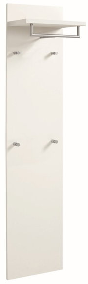 Weißes Paneel mit mehreren Haken und einer Ablage, seitliche Perspektive