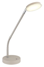 Moderne LED-Schreibtischlampe in Silber/Beige mit flexiblem Schwanenhals und rundem Leuchtenkopf, freigestellt auf weißem Hintergrund, in leicht seitlicher Perspektive von vorn oben