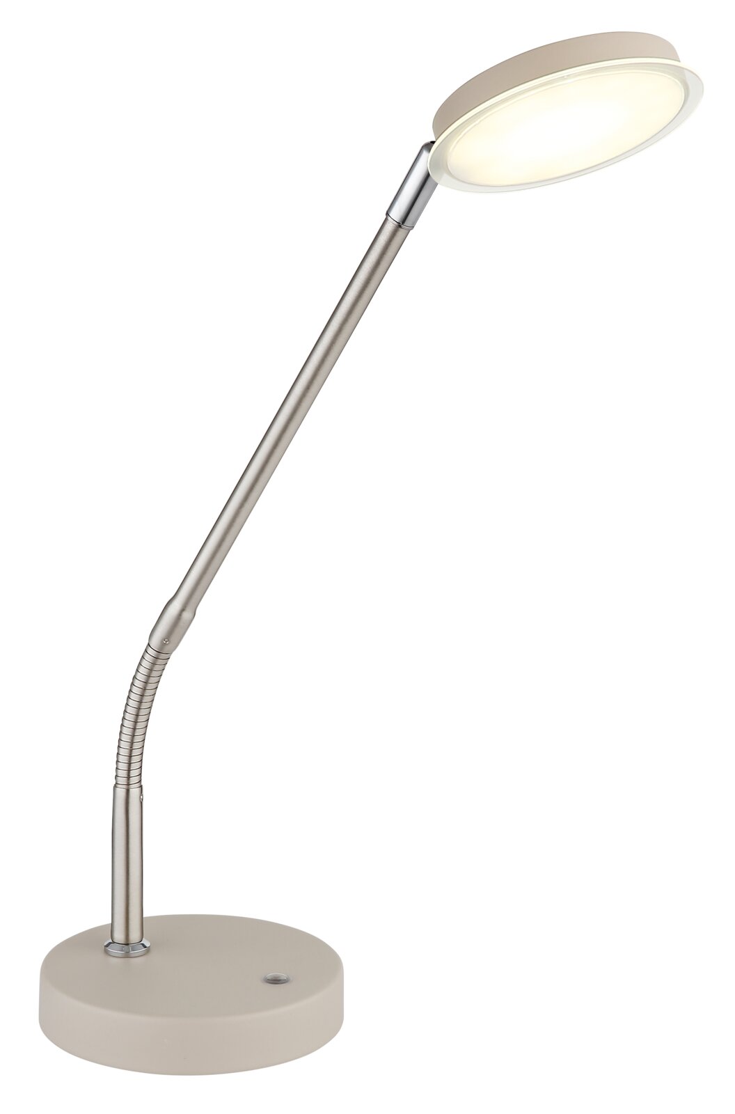 Globo Lighting LED-Tischleuchte SILVIO Moderne LED-Schreibtischlampe in Silber/Beige mit flexiblem Schwanenhals und rundem Leuchtenkopf, freigestellt auf weißem Hintergrund, in leicht seitlicher Perspektive von vorn oben