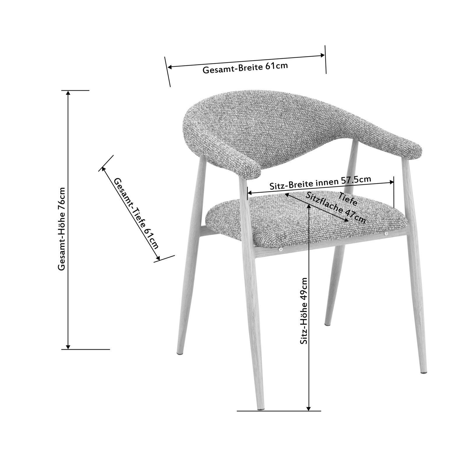 Gepolsterter Esszimmerstuhl mit grauem Stoffbezug und hellen Holzbeinen, mit Maßangaben (Gesamtbreite 61 cm, Gesamttiefe 61 cm, Gesamthöhe 76 cm, Sitzhöhe 49 cm, Sitzbreite innen 57,5 cm, Sitztiefe 47 cm), in schräger Frontansicht.