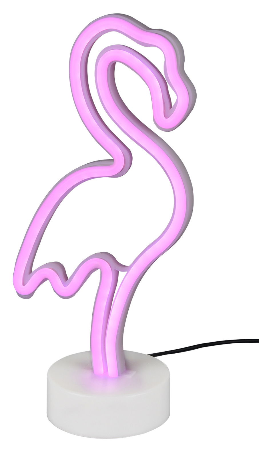 LED-Tischleuchte in Form eines Flamingos, seitliche Perspektive, leuchtend in Rosa auf einem weißen Sockel.