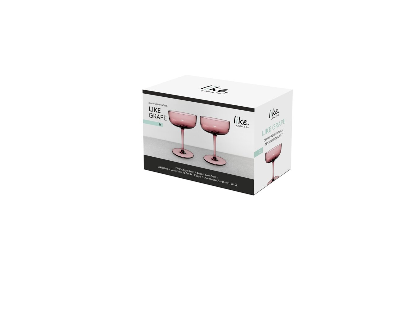 Verpackung mit zwei lilafarbenen Sekt- oder Dessertschalen, seitliche Perspektive