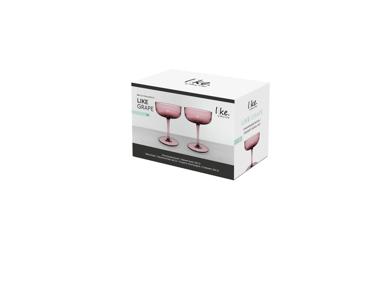 Verpackung mit zwei lilafarbenen Sekt- oder Dessertschalen, seitliche Perspektive