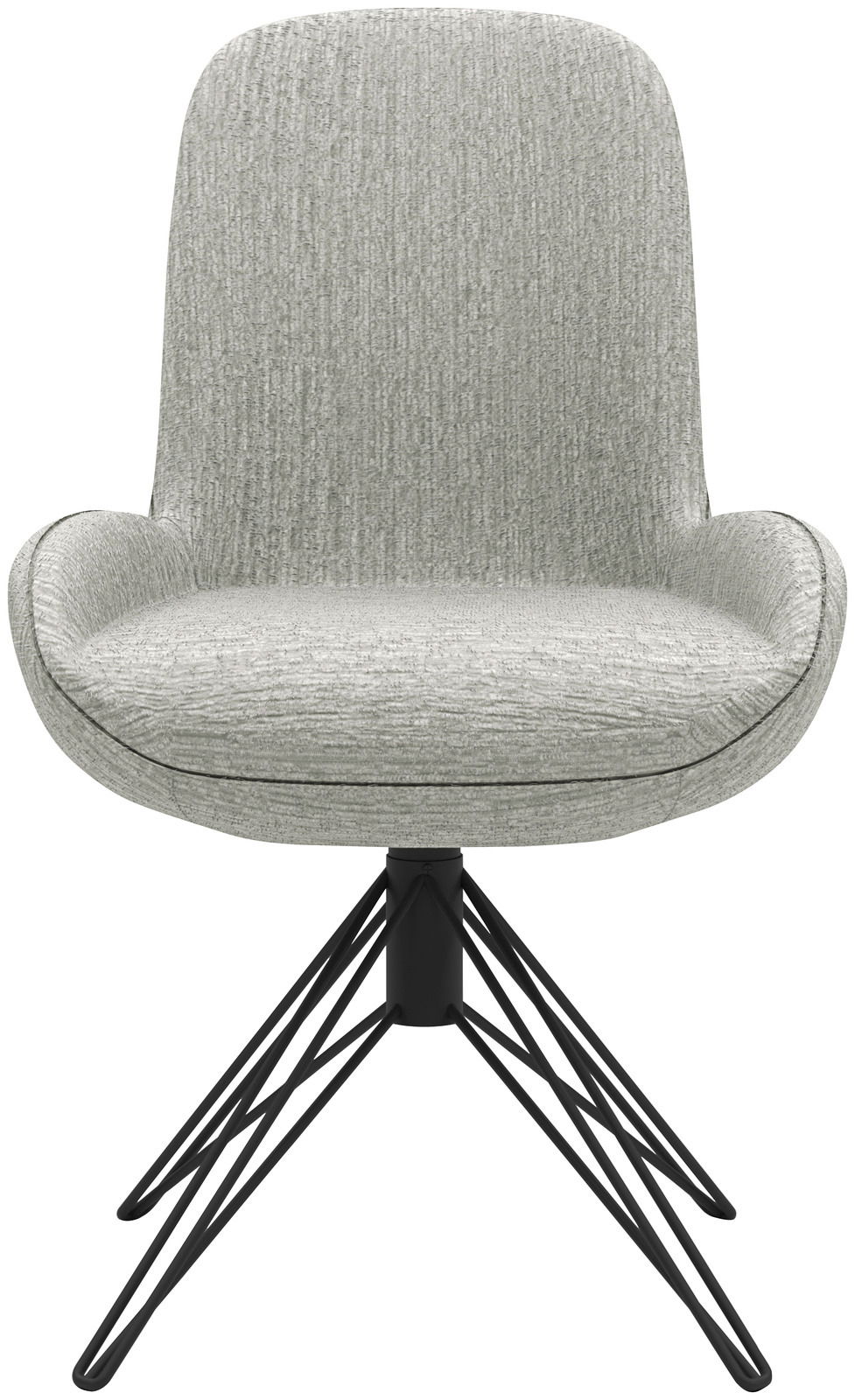 Moderner grauer Stuhl mit gepolsterter Sitzfläche und schwarzem Metallgestell, Frontalansicht