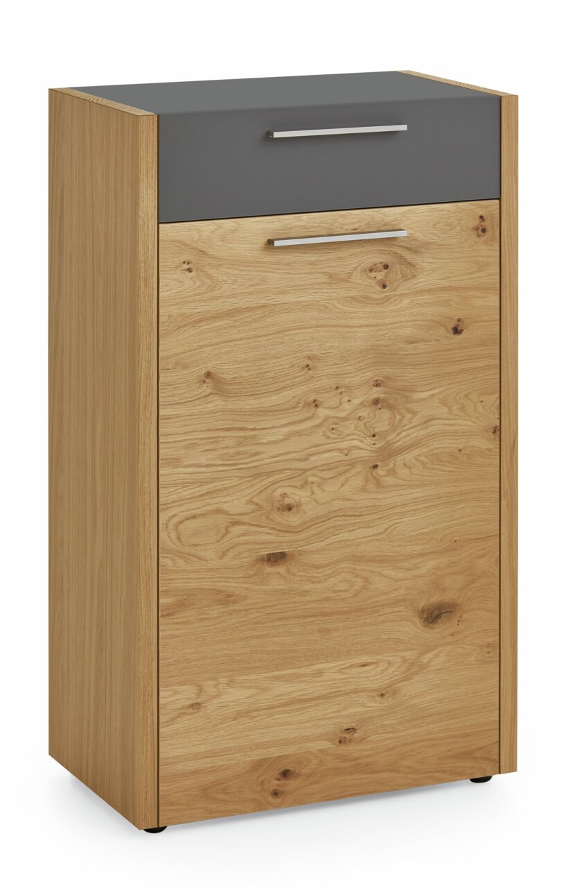Moderner Schuhschrank aus Holz mit grauer Schublade, Frontansicht