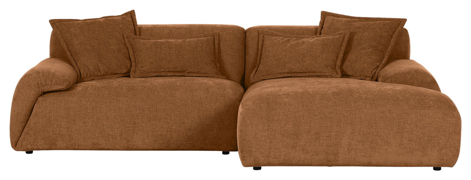 Braunes Sofa mit abgerundeten Ecken und mehreren Kissen, Vorderansicht