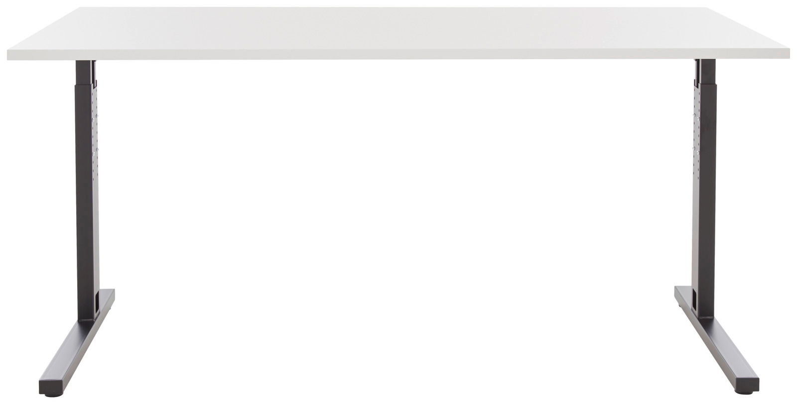 Moderner Schreibtisch mit weißer Tischplatte und schwarzen Metallbeinen, frontal betrachtet.