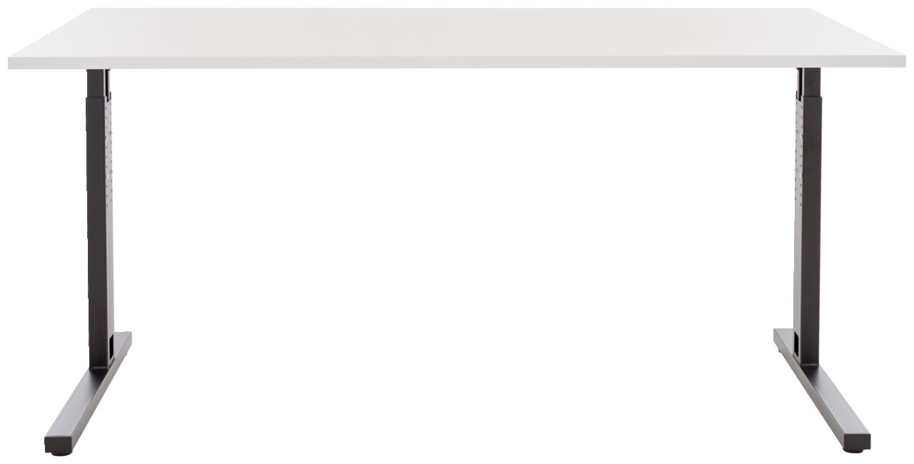 Moderner Schreibtisch mit weißer Tischplatte und schwarzen Metallbeinen, frontal betrachtet.
