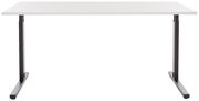 Moderner Schreibtisch mit weißer Tischplatte und schwarzen Metallbeinen, frontal betrachtet.