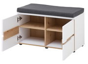 Weiße Garderobenbank mit grauem Sitzkissen, offene Türen, zeigt Innenfächer aus Holz, Perspektive von vorne.