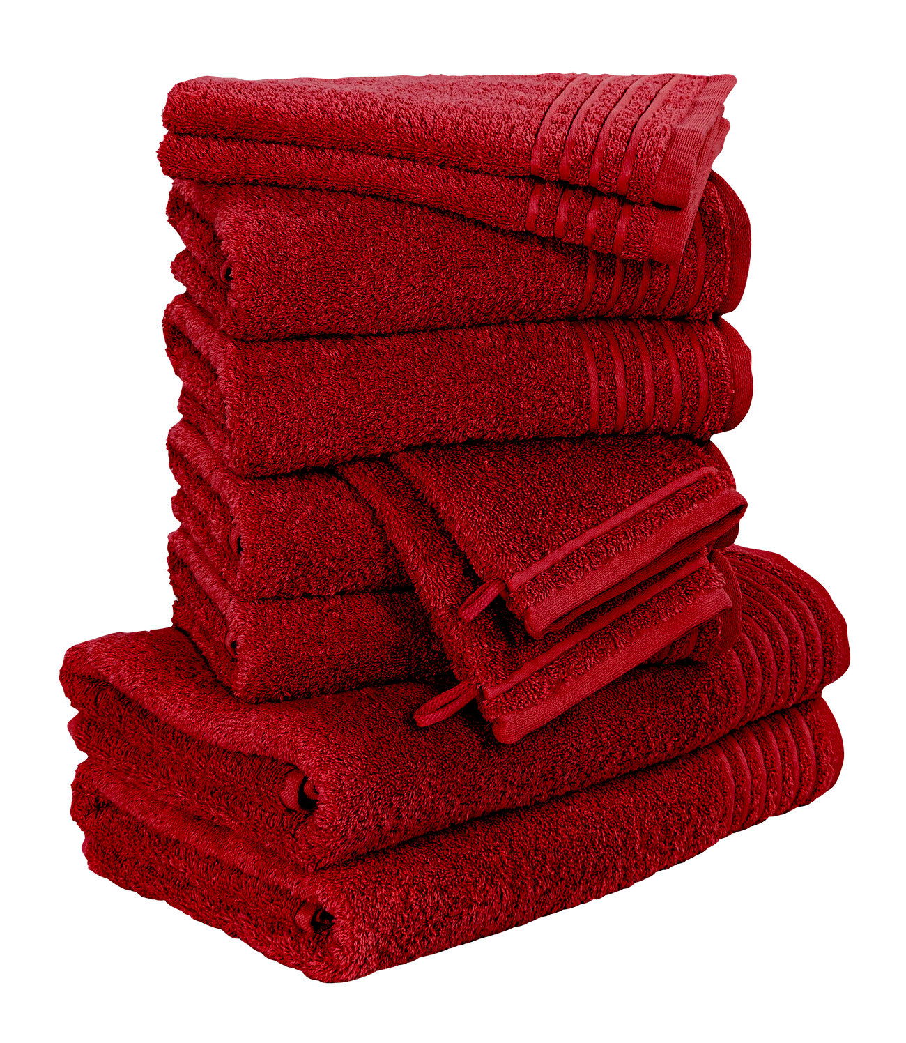 Ein Stapel roter Handtücher, seitliche Perspektive