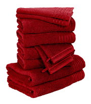 Ein Stapel roter Handtücher, seitliche Perspektive