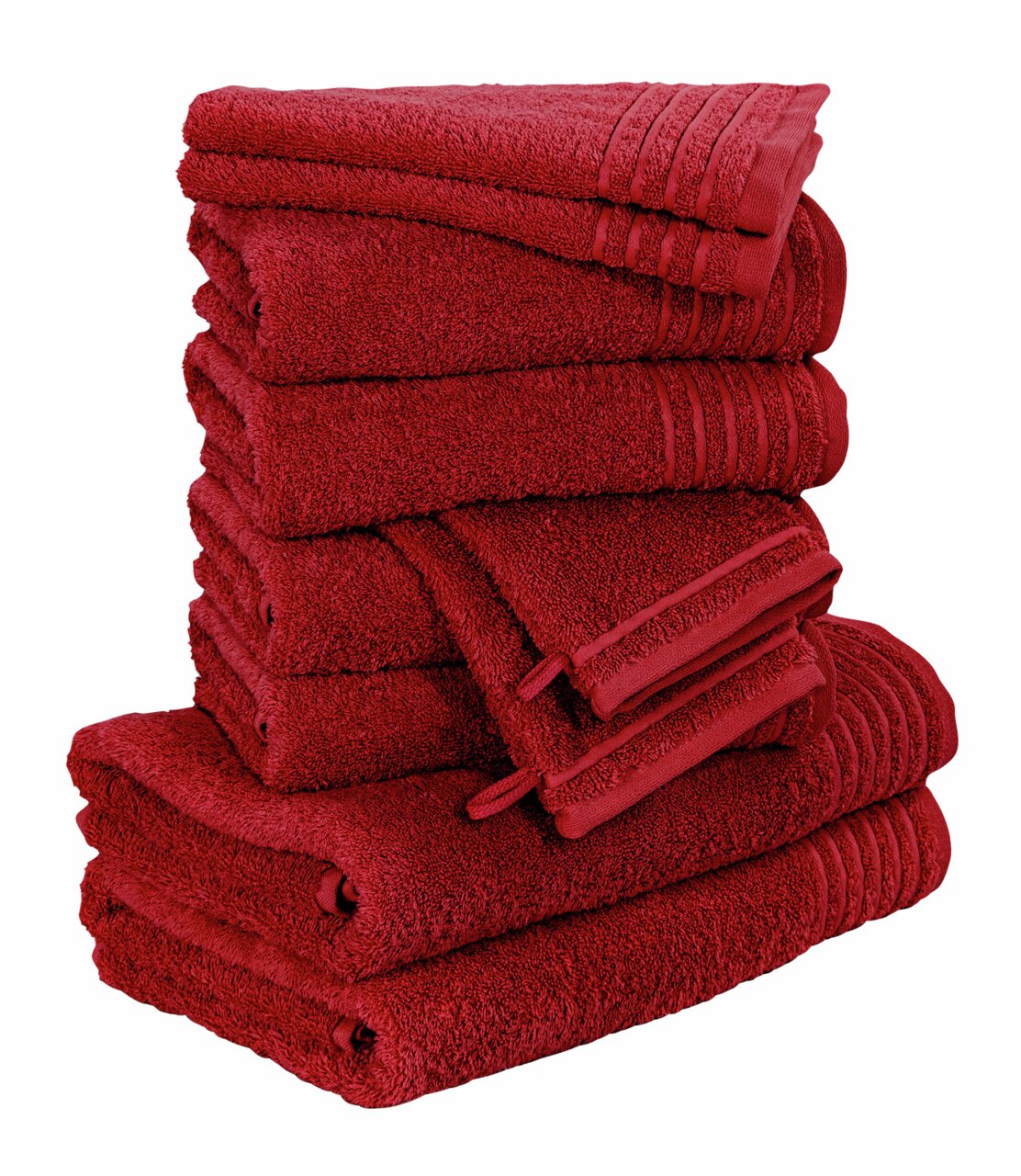 MÖVE Handtuchset 10-tlg. NEW CLASSIC Ein Stapel roter Handtücher, seitliche Perspektive