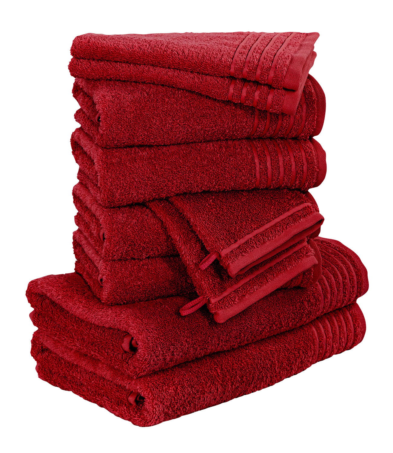 Ein Stapel roter Handtücher, seitliche Perspektive